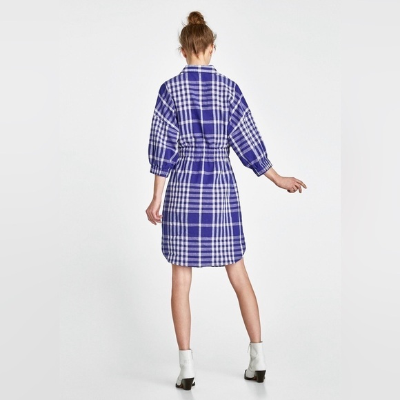 Zara Linen-Cotton Blend Blue Gingham Check Shirt Dress with Drawstring Waist - Picture 2 of 14